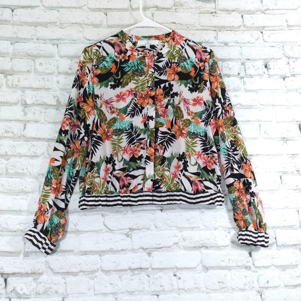 M by Marled Womens Blouse Medium White Floral Hidden Button Long Sleeve